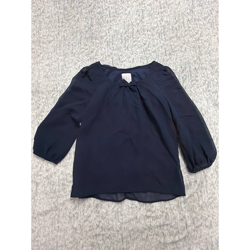 CRB Girl Navy Blue Chiffon Blouse Sheer 3/4 Sleeve Ruffle Bow Back Kids Small 8‎